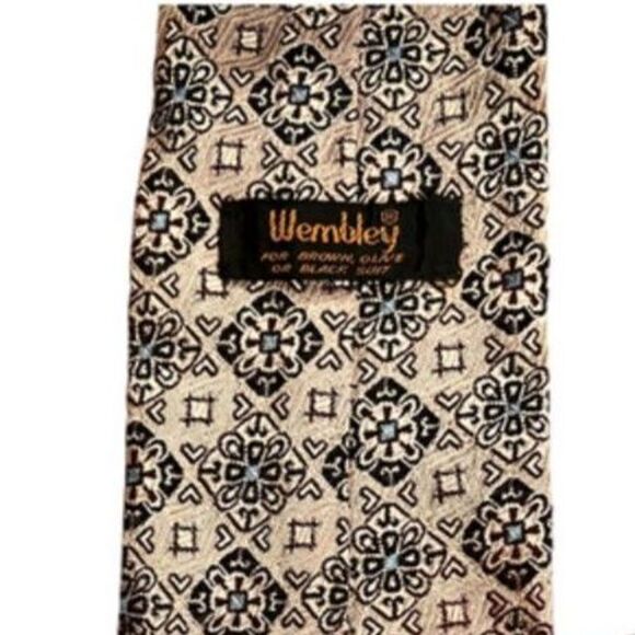 VTG 70s 80s Wembley Geometric Tile Print Neck Tie Silver Blue Retro Career Party - Picture 6 of 7